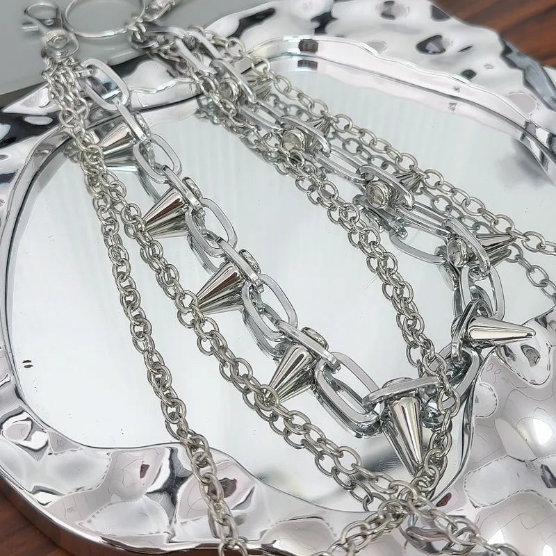 Silver Punk Double-Layer Waist Chain Rivet Decorations Adjustable Length Metal Belt for Women Men Street Style Belts Pants Chain