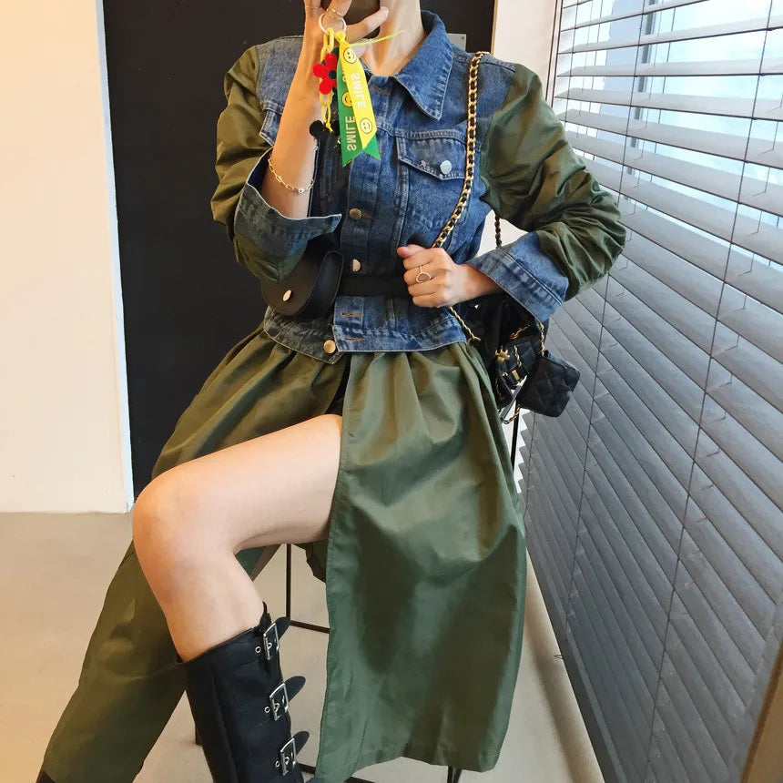 New 2023 high Fashion Streetwear Windbreaker For Women Turtleneck Long Sleeve green denim dress