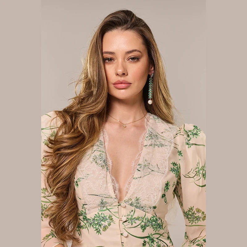 Women Dress Lace Trim Deep V-Neck Short Sleeve Dresses Floral Print Flowy Front Elegant Summer Vacation Streetwear Dress Ladies