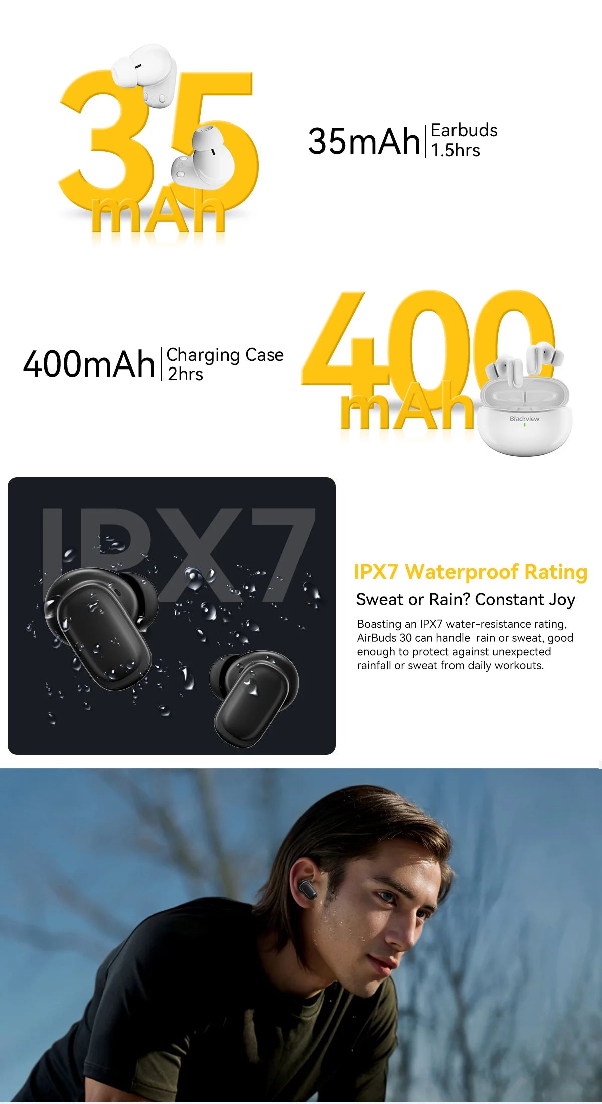 Blackview Airbuds 30 Headset Wireless Headphones TWS Sports Air Conduction Bass ENC Earphones TWS With Mic 400mAh IPX7