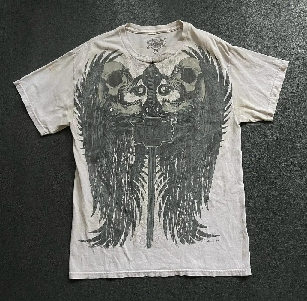 Gothic Vintage Distressed T-Shirt Two-in-One Skeleton Print Layered Top Y2K Retro Streetwear Loose Fit Harajuku Fashion Tee