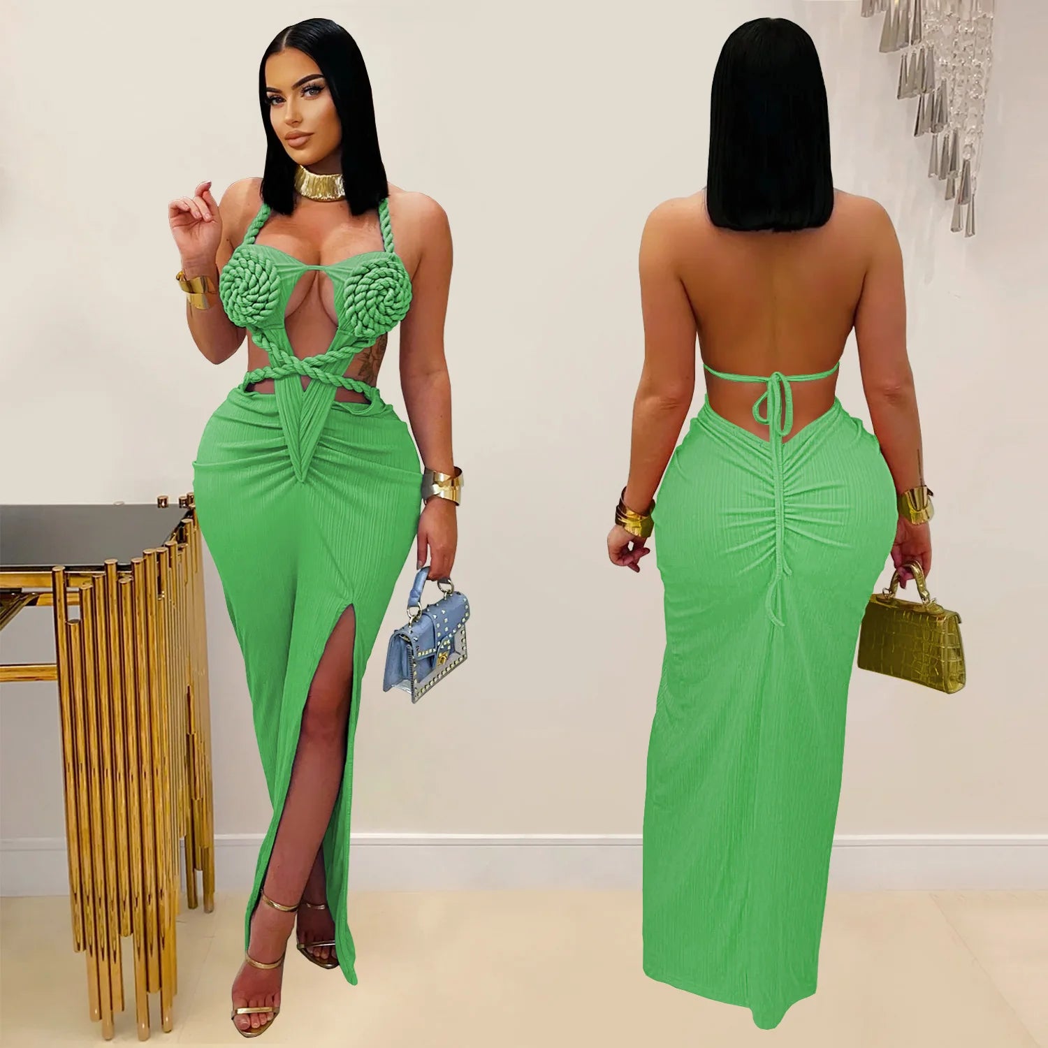 Joskaa Women Summer Knit Halter Long Dress Sexy Hollow Backless Slit Bodycon Maxi Dresses Holiday Party Club Beachwear S-XXL