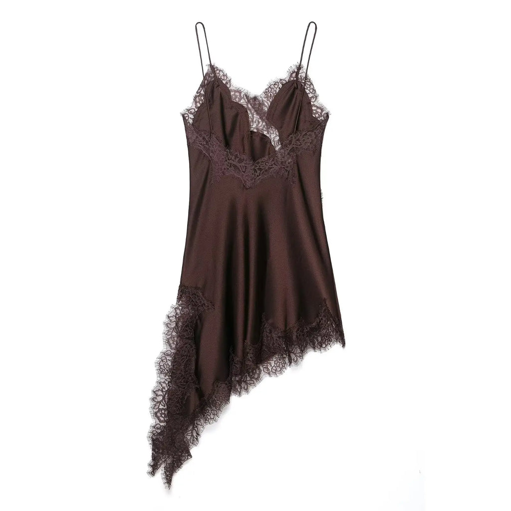 TFMLN Damen sexy Spitzen-Spleiß-Kleider Sommer einfarbig ärmelloses asymmetrisches Kleid rückenfrei schmal Damen Party Sling Minikleid