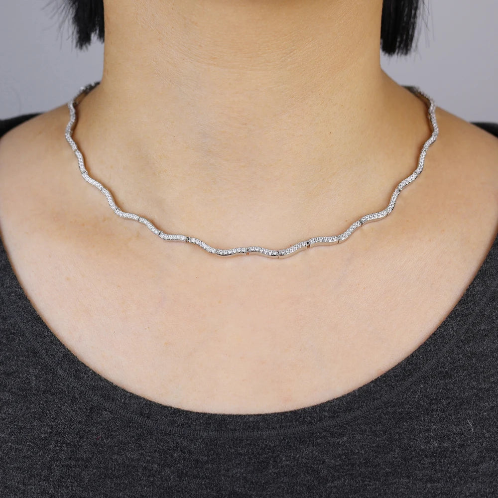 2026 New Arrived Trendy Women Jewelry Set Micro Paved CZ Curved Bar Wave Charm Chain Braelet Choker Necklace