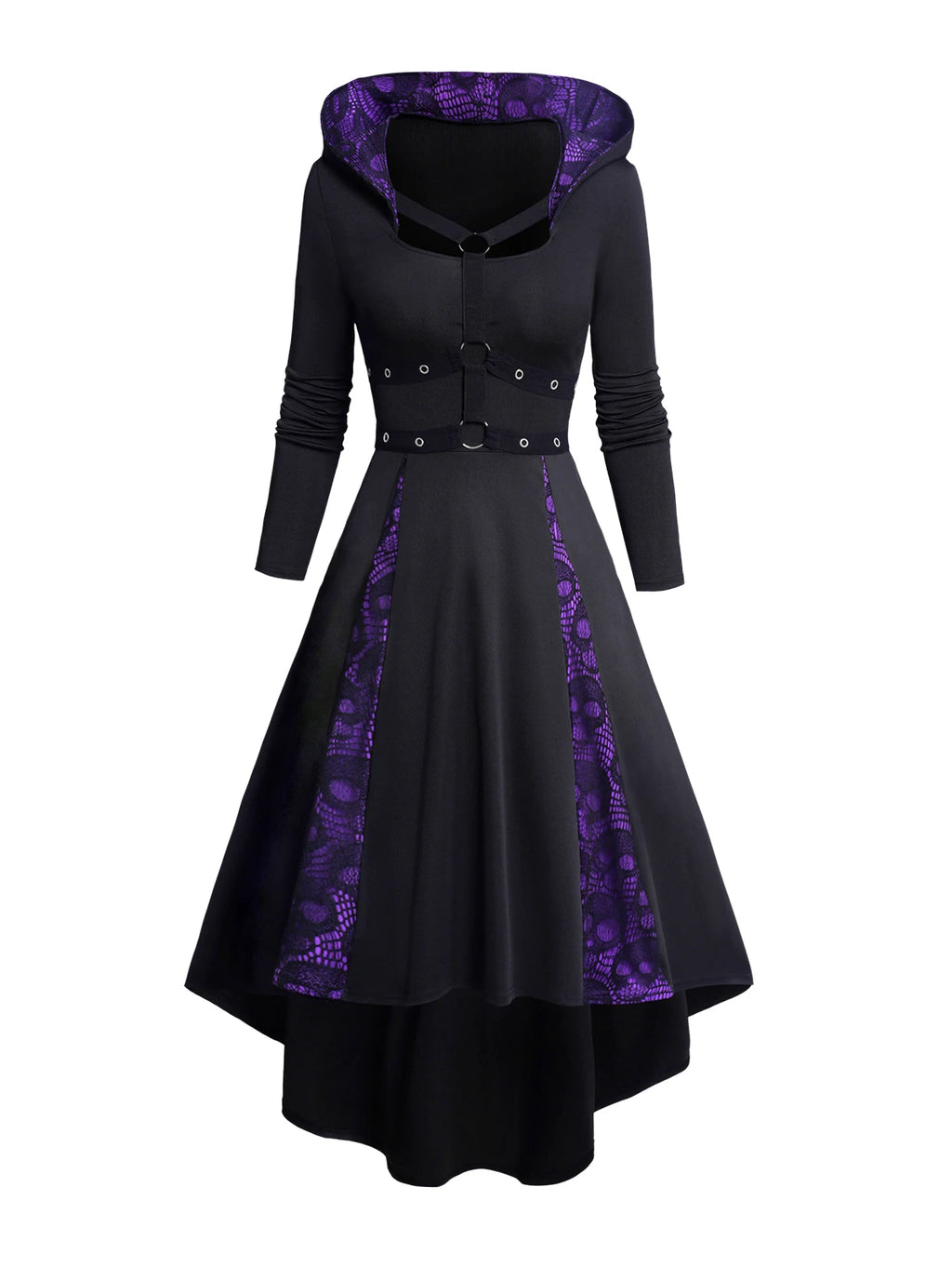 Women's Hoodie Dresses Halloween Skull Lace Patchwork O Ring Grommet Decor Hooded Dress Contrast Long Sleeve High Low Dress