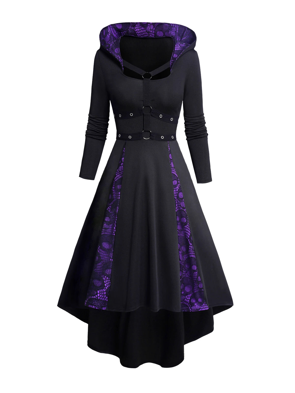 Women's Hoodie Dresses Halloween Skull Lace Patchwork O Ring Grommet Decor Hooded Dress Contrast Long Sleeve High Low Dress