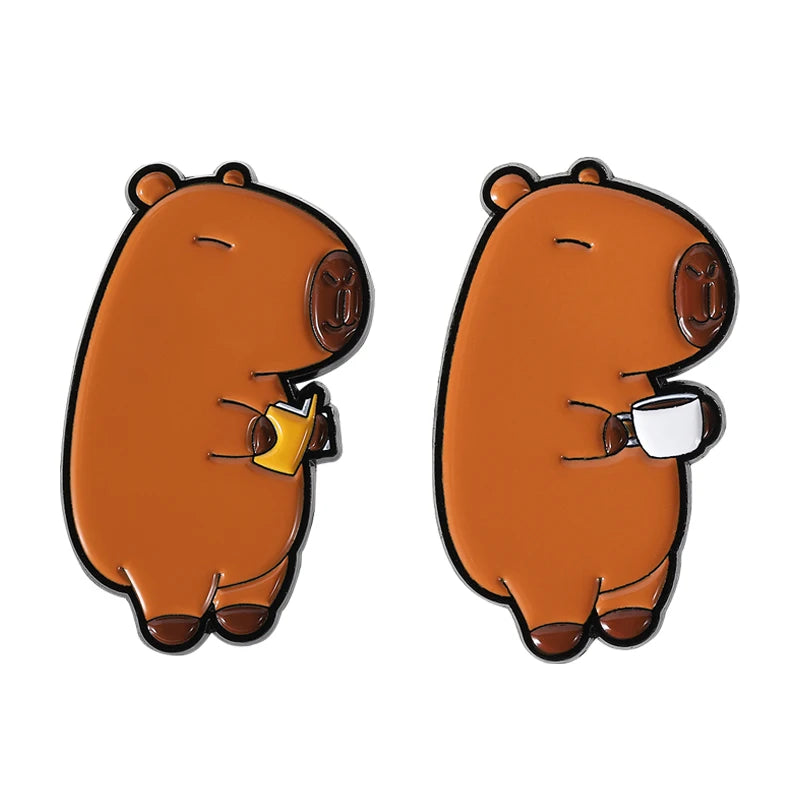 Cute Capybara Animal Enamel Pins Cartoon Cappy with Coffee Metal Brooches Lapel Badge Funny Animal Jewelry Gifts for Friends