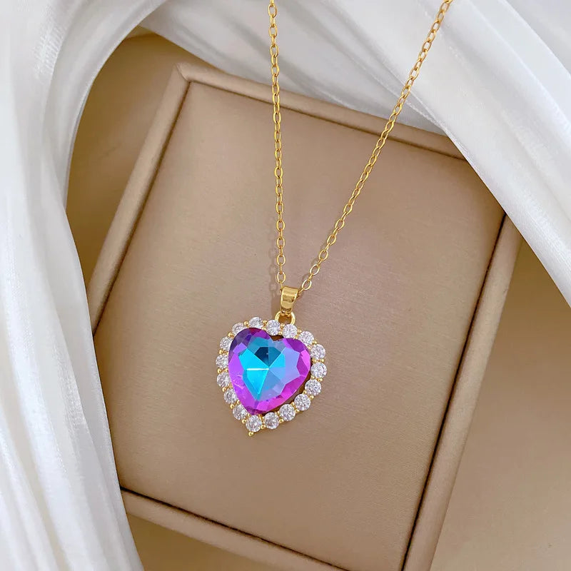 DIEYURO 316L Stainless Steel Colorful Crystal Simple Heart Pendant Necklace Women Girl Fashion Collarbone Chain Jewelry Gift