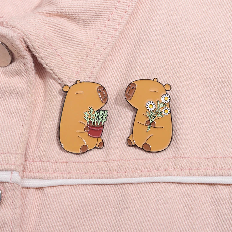 Cute Capybara Animal Enamel Pins Cartoon Cappy with Coffee Metal Brooches Lapel Badge Funny Animal Jewelry Gifts for Friends