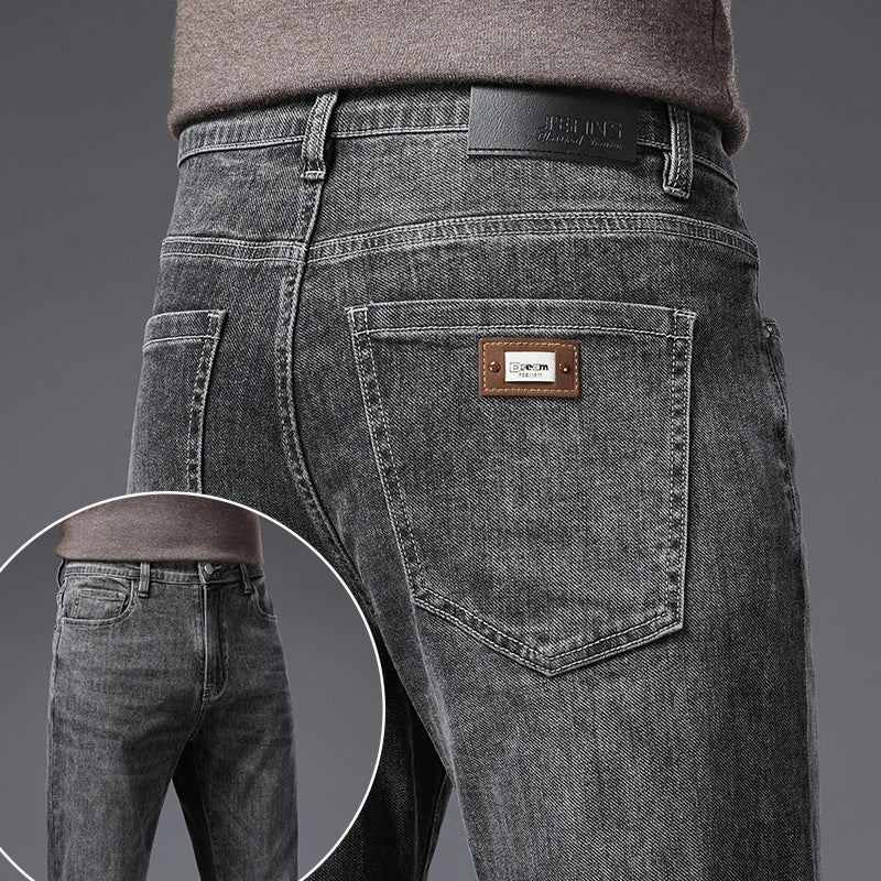 Korean Fashion Men's Soft Stretch Slim Fit Jeans Business Casual Straight Denim Pants Classic Brand Washed Blue Gray Trousers