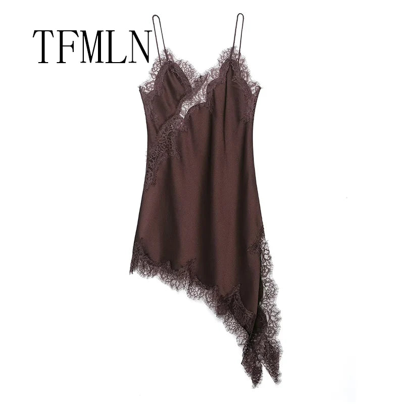 TFMLN Damen sexy Spitzen-Spleiß-Kleider Sommer einfarbig ärmelloses asymmetrisches Kleid rückenfrei schmal Damen Party Sling Minikleid
