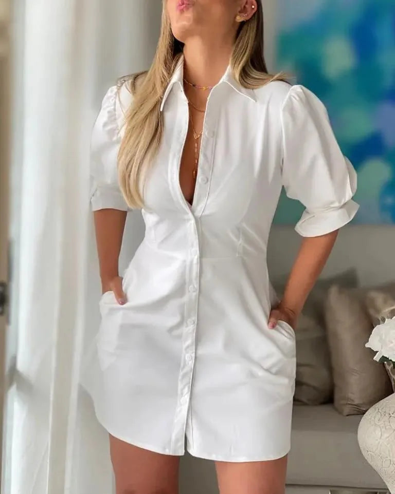 Summer Fashion White Turn-down Collar Shirt Mini Dress Elegant Women Casual Lantern Sleeve Button Pocket High Waist Slim Dresses