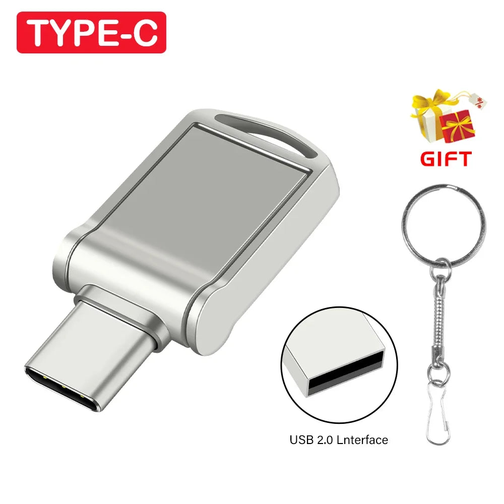Metal Mini TYPE-C 2 IN 1 USB Dual Flash Drive 64GB Tiny Pen Drive 32GB Key Chain Memoria USB Memory Disk 128G 16GB Pendrives