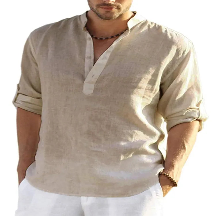 New Men's Linen Long Sleeve T-Shirt Solid Color Loose Spring T-Shirt Long Sleeve Cotton Linen Shirt Plus Size Shirts Men