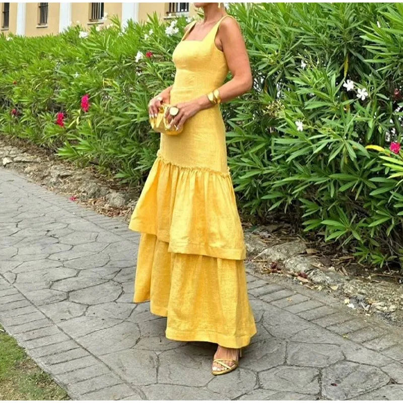 Elegant Ruffles Shiny Dress Women Square Neck A Line Solid Sleeveless Robe Female 2024 Summer Fashion Party Evening Dresses Lady