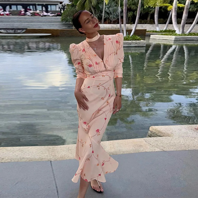 Sexy Print Deep V-neck Midi Dress Women Pleat Slim Puff Half Sleeve Party Holiday Dresses 2025 Summer Lady High Waist Robes