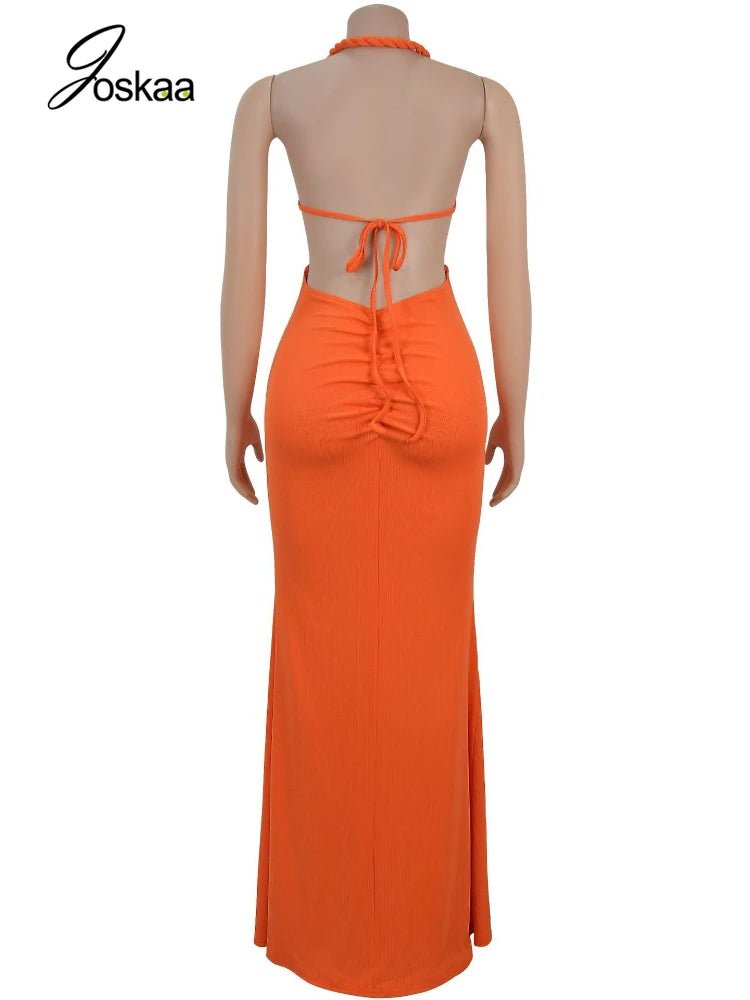 Joskaa Women Summer Knit Halter Long Dress Sexy Hollow Backless Slit Bodycon Maxi Dresses Holiday Party Club Beachwear S-XXL