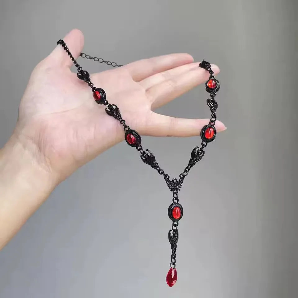 Goth Vintage Y2K Dark Red Heart Cross Pendant Irregular Stone Bead Choker Necklace Women Punk Halloween Grunge EMO Accessories