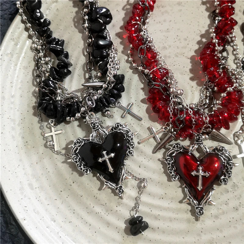 Goth Vintage Y2K Dark Red Heart Cross Pendant Irregular Stone Bead Choker Necklace Women Punk Halloween Grunge EMO Accessories