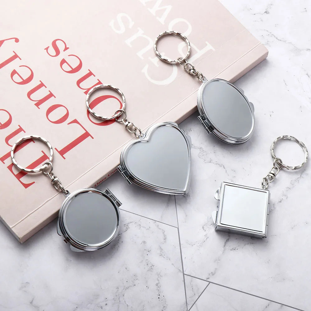Portable Mini Folding Mirror Key Chain Round Heart Oval Sqaure Shape Pocket Compact Makeup Cosmetic Mirror With Key Ring