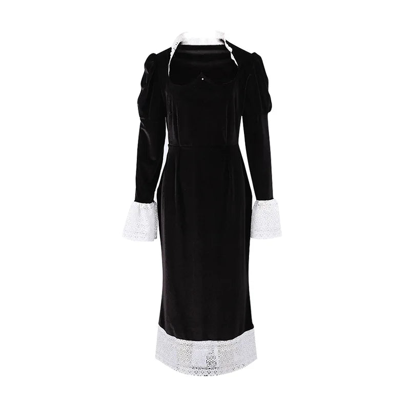 Square Collar Puff Sleeve Women Dress Patchwork Slim Pleated Lady Maxi Dresses 2026 Elegant Spring Vintage Female Vestidos