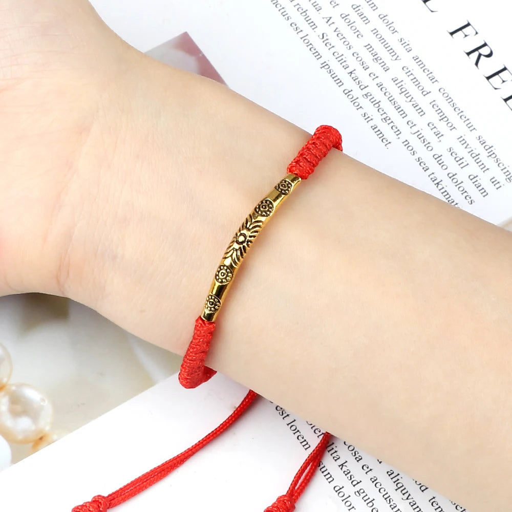 Golden Color Long Tube Braided Bracelet Lucky Red Black Thread Handmade Adjustable Bangle Men Women Buddhism Jewelry Prayer Gift
