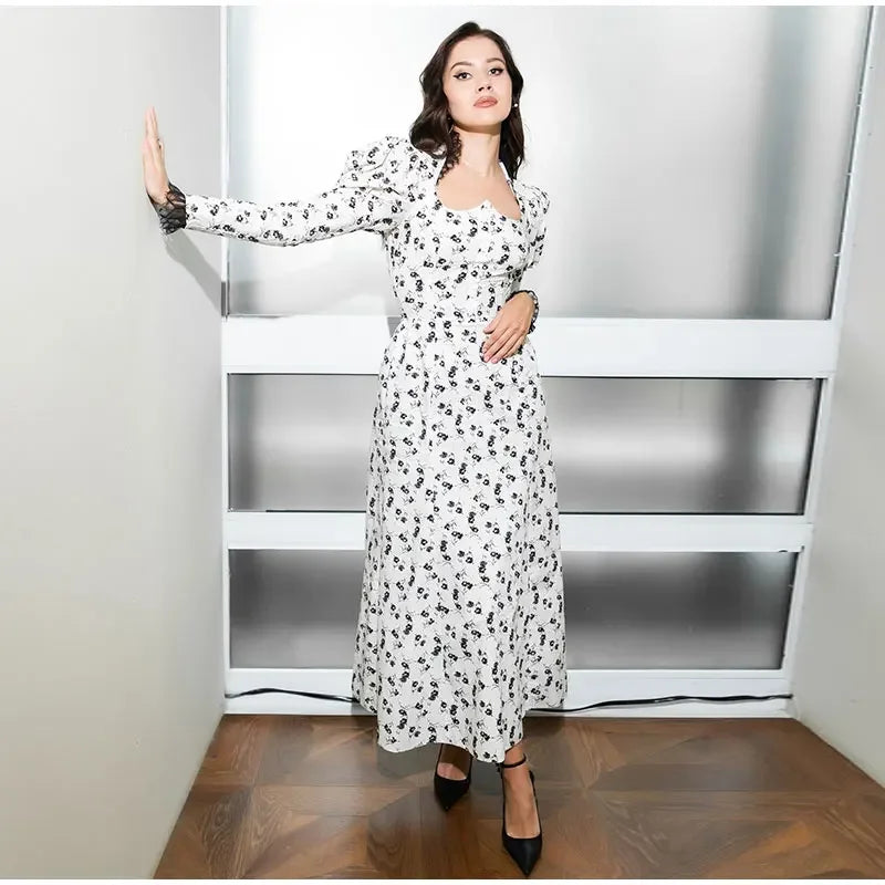 Square Collar Puff Sleeve Women Dress Patchwork Slim Pleated Lady Maxi Dresses 2026 Elegant Spring Vintage Female Vestidos