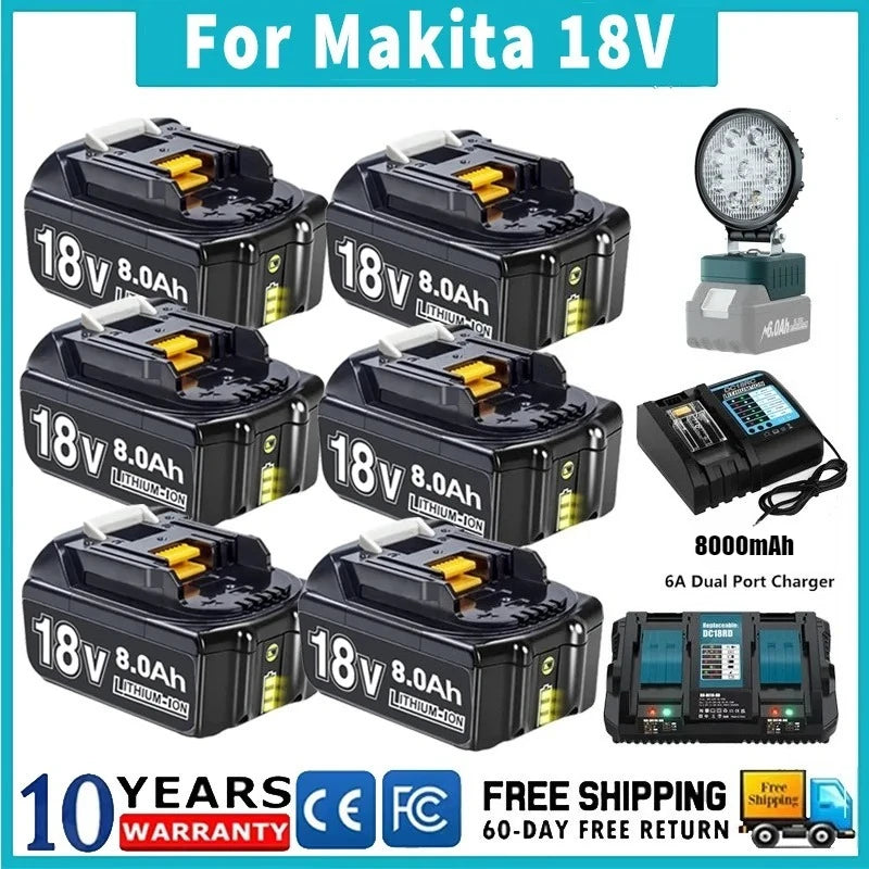For Makita BL1830 Replacement Battery 18V 8000mAh Li-ion Compatible with BL1860 BL1850 BL1840B Power Tools + 6A Fast Charger