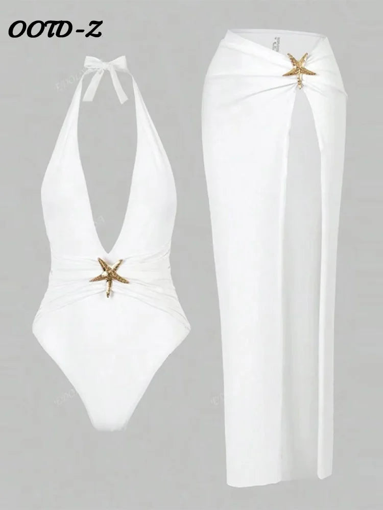 Sexy Halter Starfish Decorative Bikini Set Women 2025 Summer Solid Deep V-neck Swimsuit Side Split Skirt Lady Beach Holiday Suit