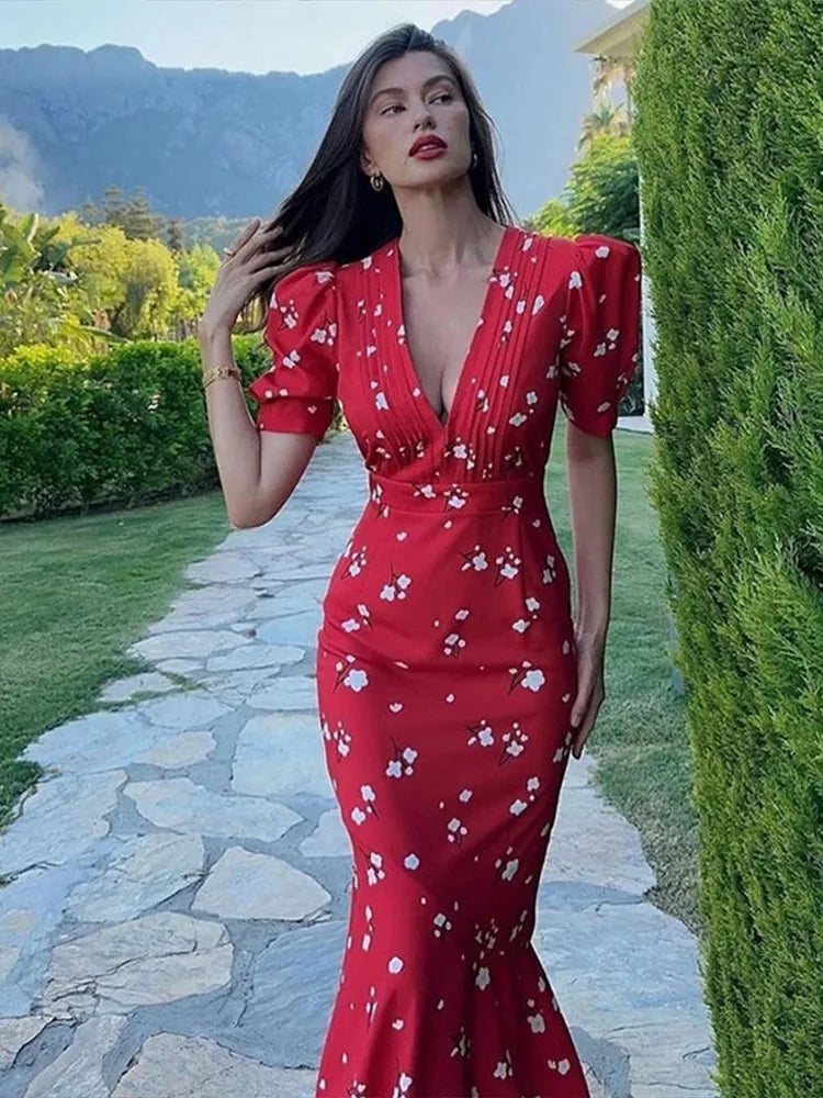Sexy Print Deep V-neck Midi Dress Women Pleat Slim Puff Half Sleeve Party Holiday Dresses 2025 Summer Lady High Waist Robes