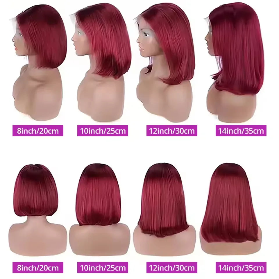8-14Inch 99J Red Straight Bob Wig V Part Lace Front Human Hair Wig For Women Pre Plucked Glueless 99J Burgundy Colored Bob Wig