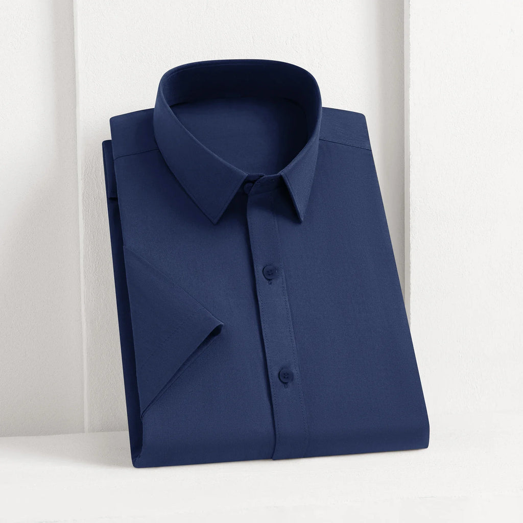 New Men's Business Casual Solid Color Short Sleeved Shirt for Summer Fashion No Ironing Comfortable and Versatile Top