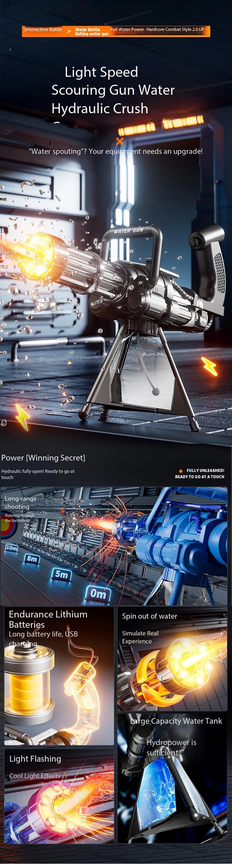 Electric Gatling LED Light Water Gun High-Speed Continuous Burst Rotating Summer Outdoor Beach Pool Party shooting Toy Gift