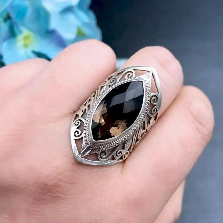 silver 925 Retro Hollow out Ring national style Classic Wide Tea Crystal Men's and rings for women fine Jewelry Gift