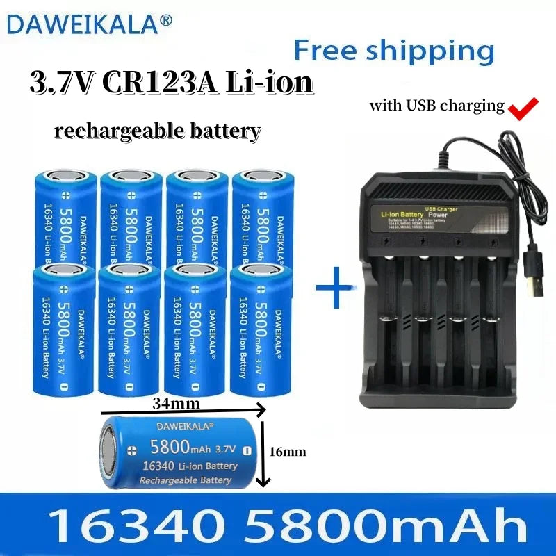 5800mAh rechargeable 3.7V Li-ion 16340 batteries CR123A battery for LED flashlight wall charger, travel for 16340 CR123A battery