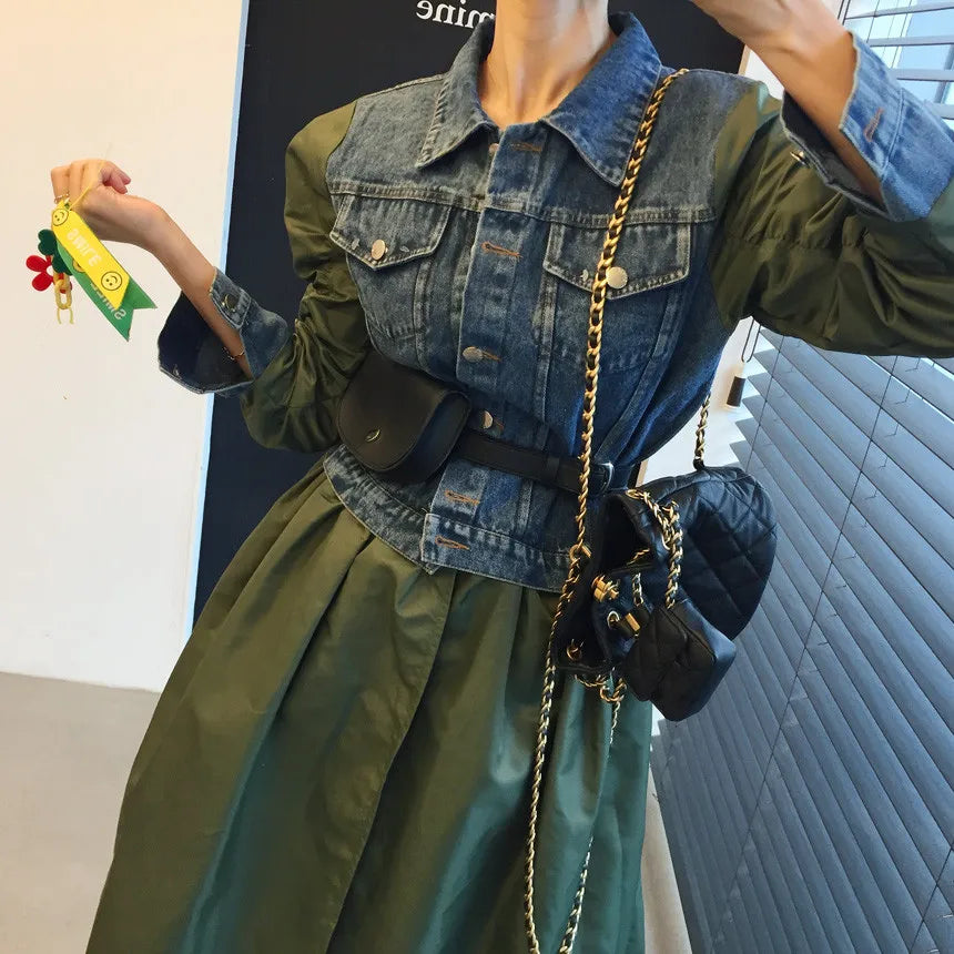 New 2023 high Fashion Streetwear Windbreaker For Women Turtleneck Long Sleeve green denim dress
