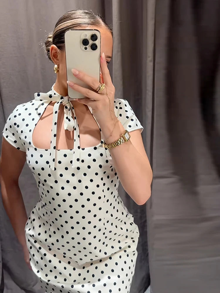 Sexy Women's Dress Halter Lace Up Short Sleeve Polka Print Female Dresses 2026 Early Spring New Fashion Chic Party Lady Robes