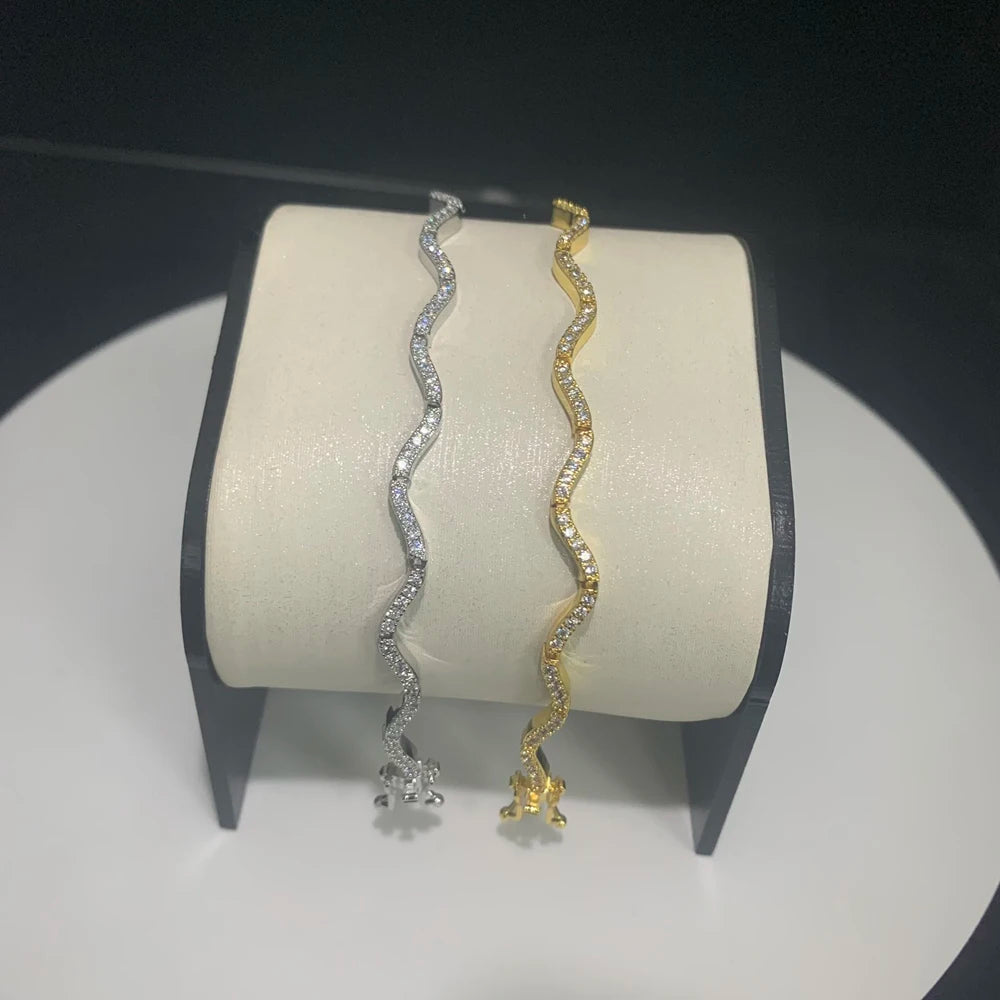 2026 New Arrived Trendy Women Jewelry Set Micro Paved CZ Curved Bar Wave Charm Chain Braelet Choker Necklace