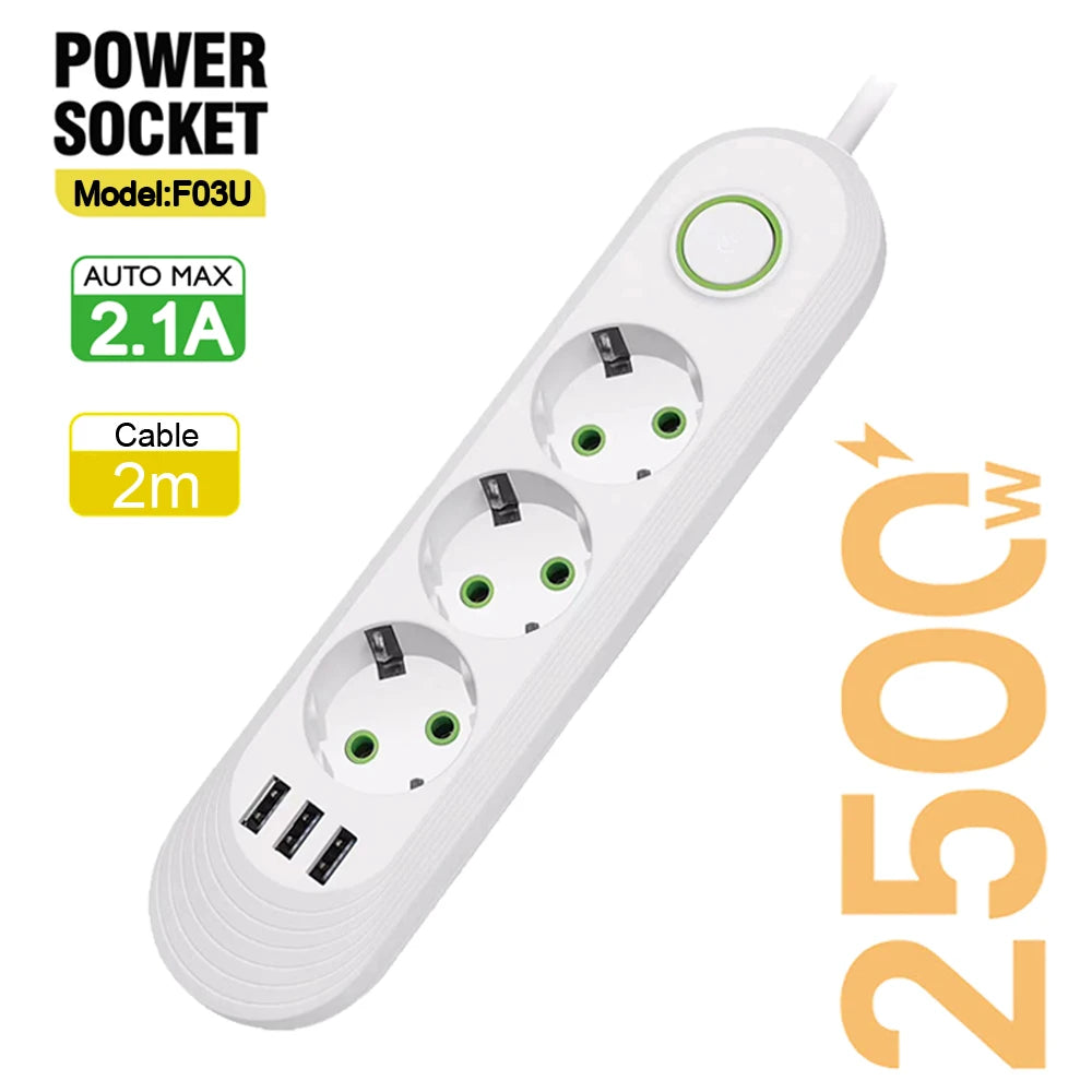 EU Plug AC Outlet Multiprise Power Strip 2m Extension Cord Electrical Socket Network Filter With USB Ports 2.1A Fast Charging