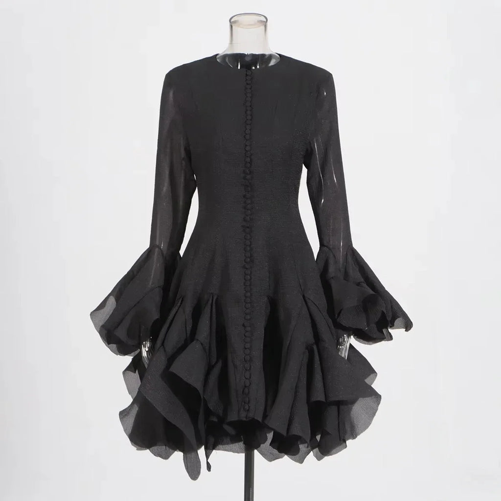 TWOTWINSTYLE Solid Slimming Spliced Folds Dresses for Women Round Neck Long Sleeves Patchwork Buttons Dress Female Clothing New