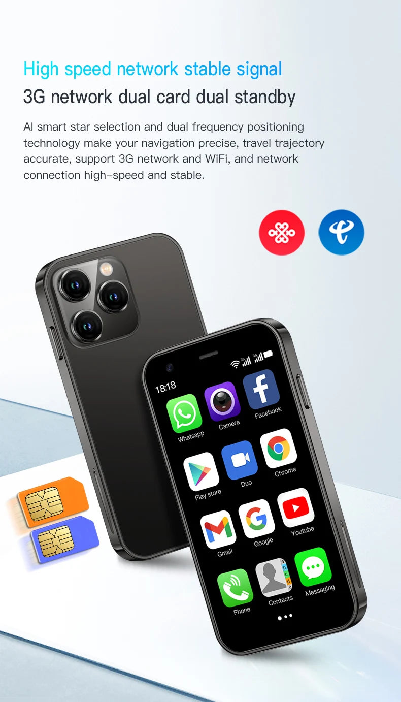 SERVO Mini Smartphone 3.0" Display 2GB+16GB 3G WCDMA Facial Recognition WiFi GPS Play Store Android Smart Phone Dual SIM Standby