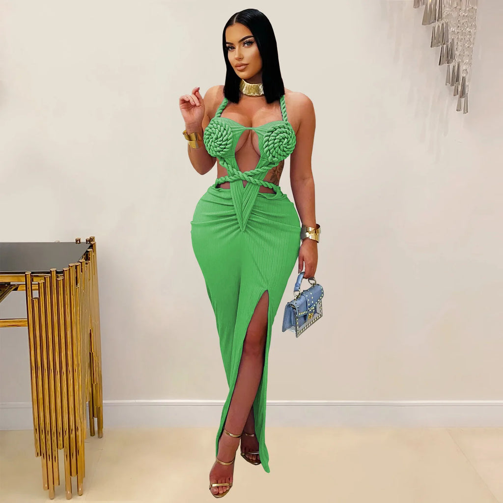 Joskaa Women Summer Knit Halter Long Dress Sexy Hollow Backless Slit Bodycon Maxi Dresses Holiday Party Club Beachwear S-XXL