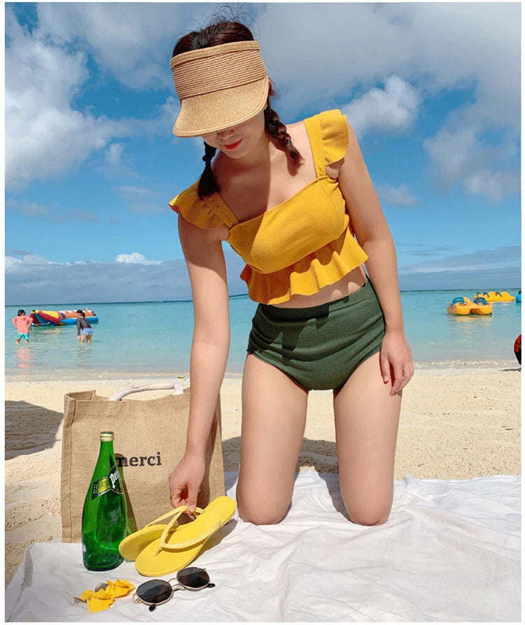High Waist Women's Bikini Set Padded Ruffle Biquini Suit Two Pieces Swimwear Swimsuit High Quality Beach Suit 2023