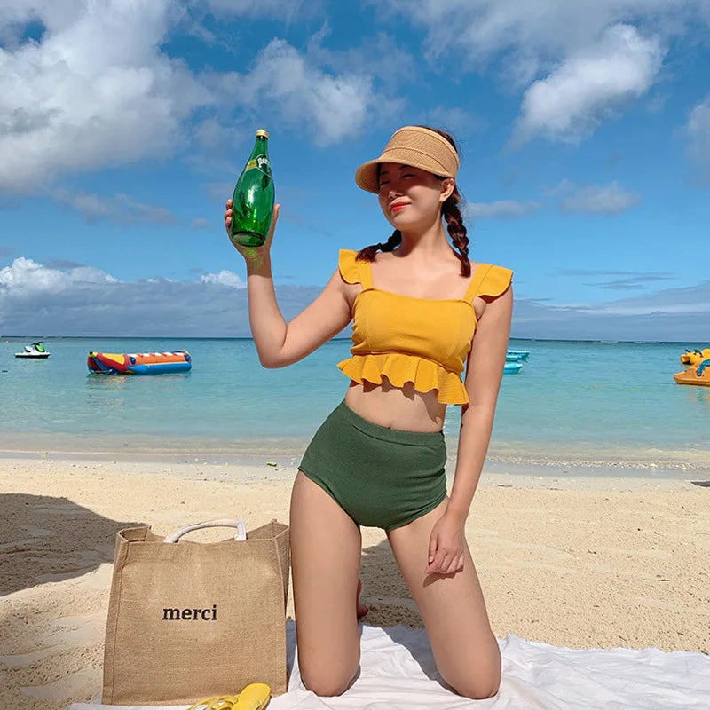High Waist Women's Bikini Set Padded Ruffle Biquini Suit Two Pieces Swimwear Swimsuit High Quality Beach Suit 2023