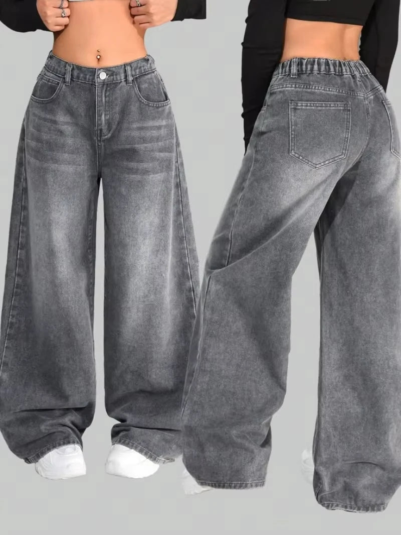 Gothic Fashion New Black Solid Color Washed Old Casual Jeans Men Y2K Streetwear Vintage Popular High Waist Baggy Wide-leg Pants
