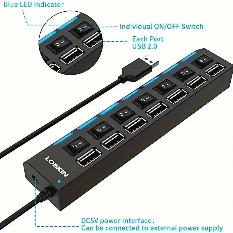 Hoëspoed 4/7 Poorte USB HUB 2.0 Adapter Uitbreider Multi USB-verdeeler Meervoudige verlenger met LED-lampskakelaar vir rekenaar skootrekenaar