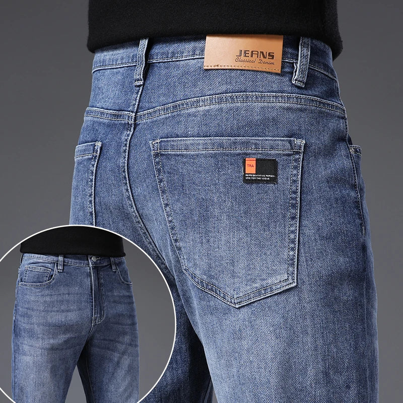 Korean Fashion Men's Soft Stretch Slim Fit Jeans Business Casual Straight Denim Pants Classic Brand Washed Blue Gray Trousers