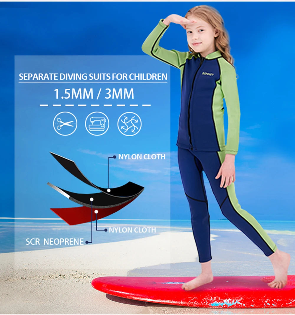 Kids Neoprene Diving Surfing Suit Split Long Sleeve Wetsuit Girls Thick Swimsuit Boys Rash Guards Swimwear Keep Warm Clothes