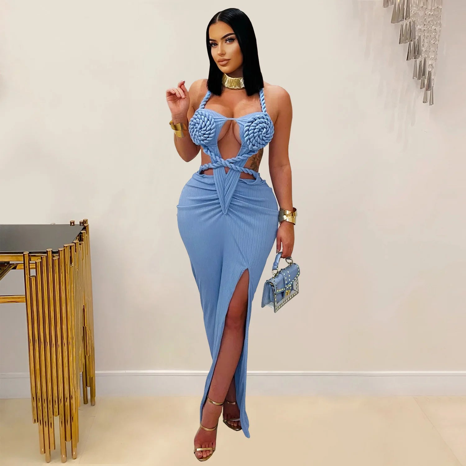 Joskaa Women Summer Knit Halter Long Dress Sexy Hollow Backless Slit Bodycon Maxi Dresses Holiday Party Club Beachwear S-XXL