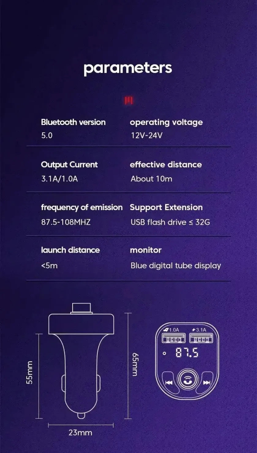 XIKCU LED MP3 Car Bluetooth FM Hands-Free Bluetooth-compaitable 5.0 Transmitter 3.1A QC3.0 PD Type C Dual USB Car Charger